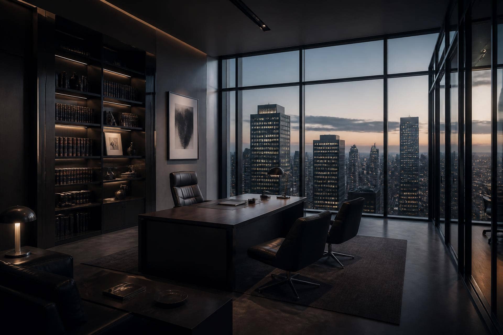 Modern law office overlooking the business district at dusk
